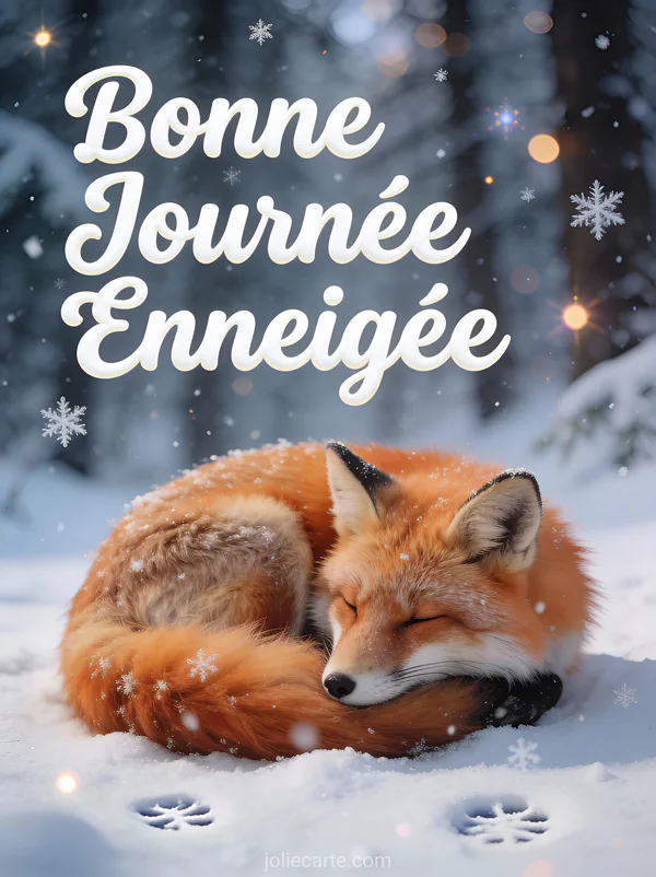 Renard roux lové dans la neige avec queue enroulée et flocons qui tombent en forêt