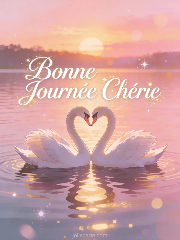 Deux cygnes formant un coeur avec leurs cous sur un lac au coucher du soleil rose et doré