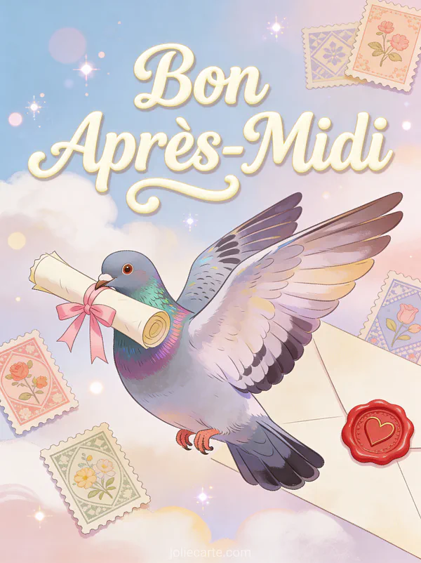 Illustration d'un pigeon voyageur portant une lettre avec timbres et cachet de cire