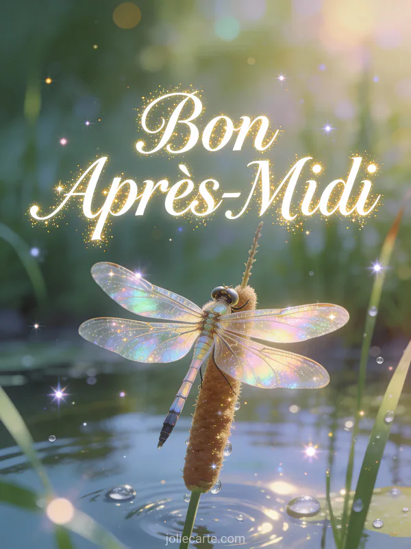 Illustration magique d'une libellule irisée sur massette avec étincelles près d'un étang