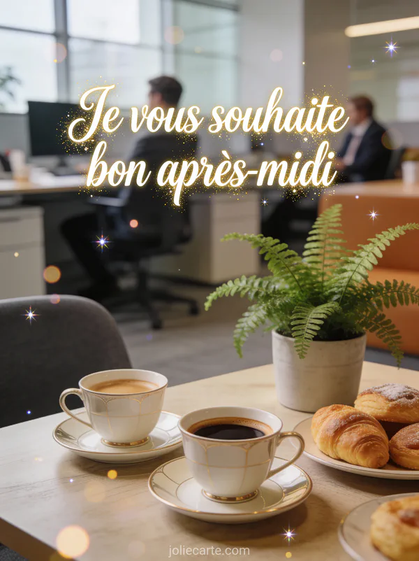Pause café élégante au bureau avec espressos, pâtisseries et fougère