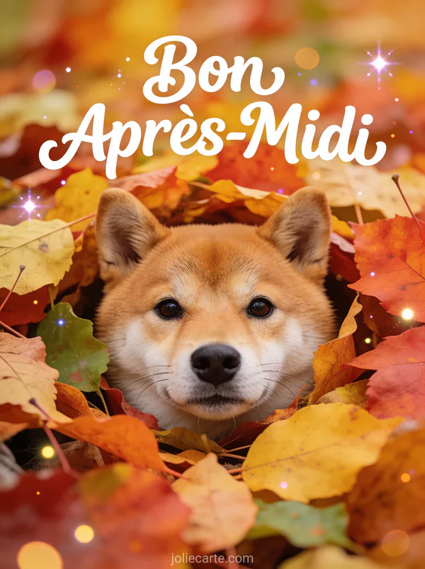 Shiba Inu avec tête dépassant d'un tas de feuilles d'automne colorées