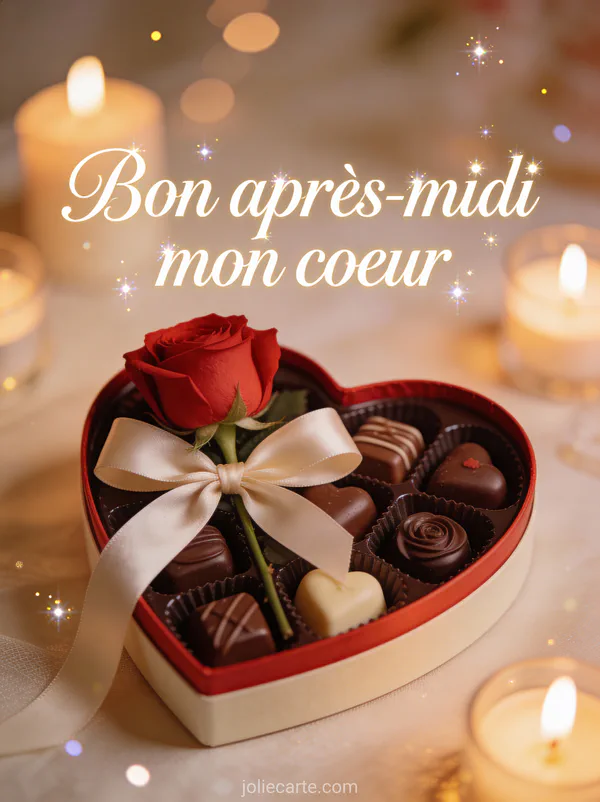Boîte de chocolats en forme de coeur avec rose rouge et lumière de bougie
