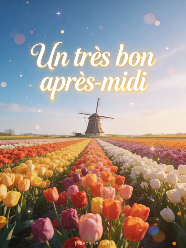 Champ de tulipes multicolores avec moulin hollandais sous ciel bleu printanier