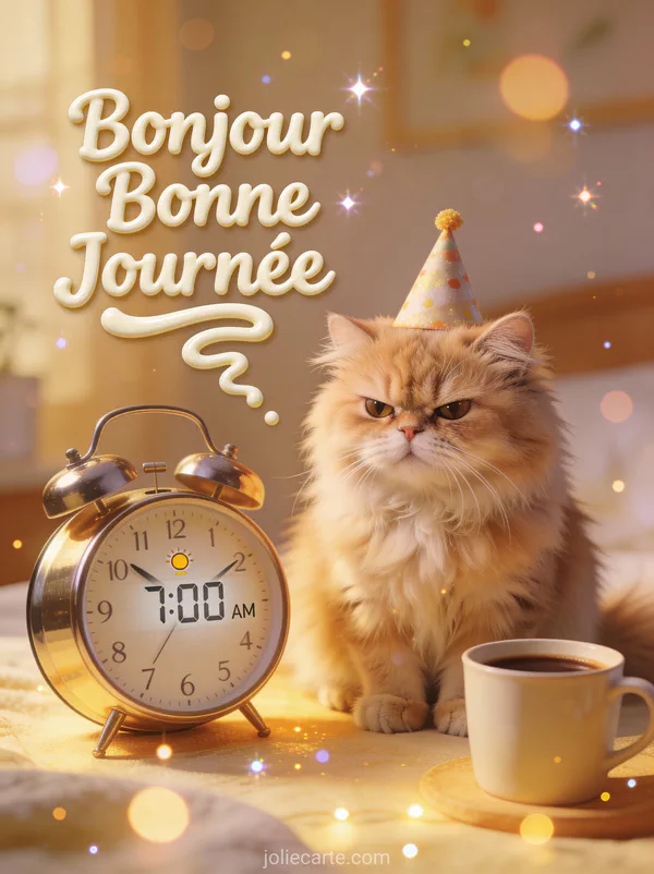 Chat Persan grognon avec chapeau de fête à côté d'un réveil et café du matin