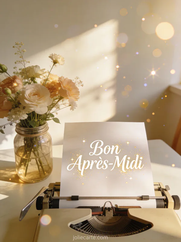 Machine à écrire vintage avec fleurs sur bureau minimaliste au soleil