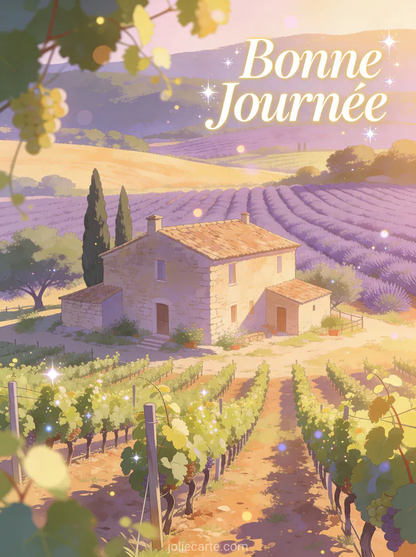 Paysage de Provence avec vignes ferme en pierre et champs de lavande au coucher du soleil