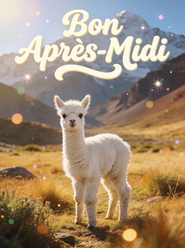 Bébé alpaga blanc duveteux dans une prairie andine avec montagnes en arrière-plan