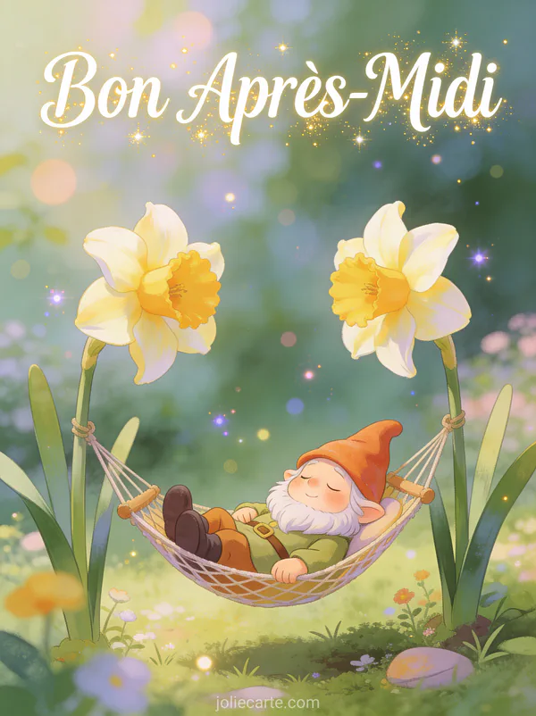 Illustration d'un gnome de jardin dormant dans un hamac miniature entre jonquilles