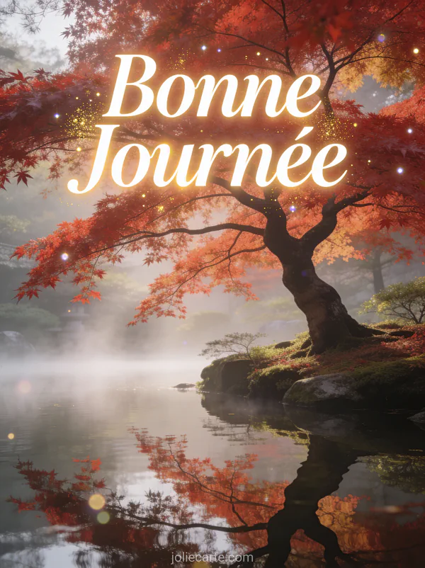 Érable japonais aux feuilles rouges d'automne se reflétant dans un étang calme dans la brume