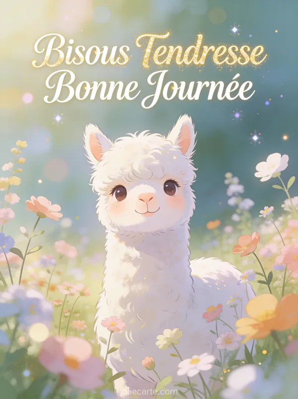 Alpaga blanc pelucheux au regard tendre parmi les fleurs sauvages pastel