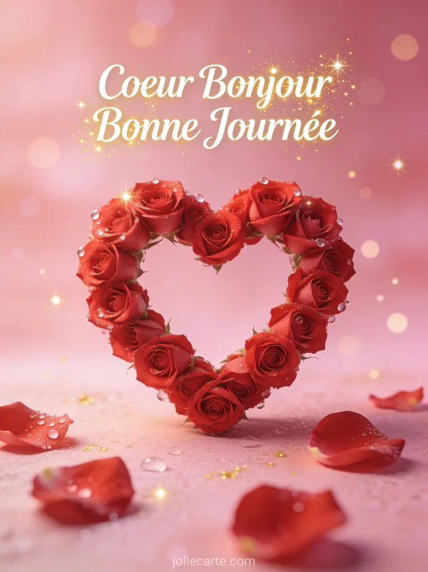 Arrangement de roses rouges formant un coeur avec gouttes de rosée sur fond rose