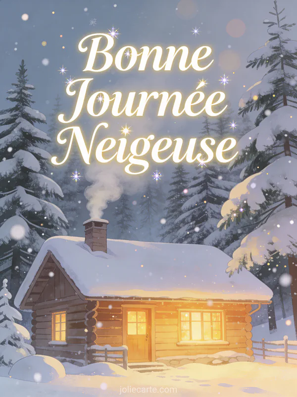 Chalet hivernal avec fumée de cheminée couvert de neige entouré de sapins enneigés