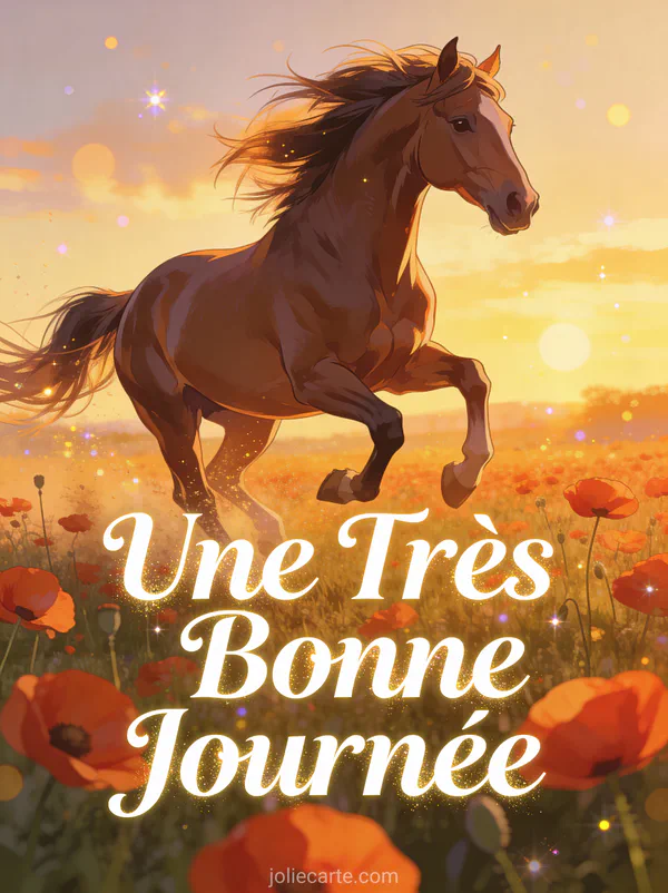 Cheval majestueux au galop dans un champ de coquelicots rouges au coucher du soleil