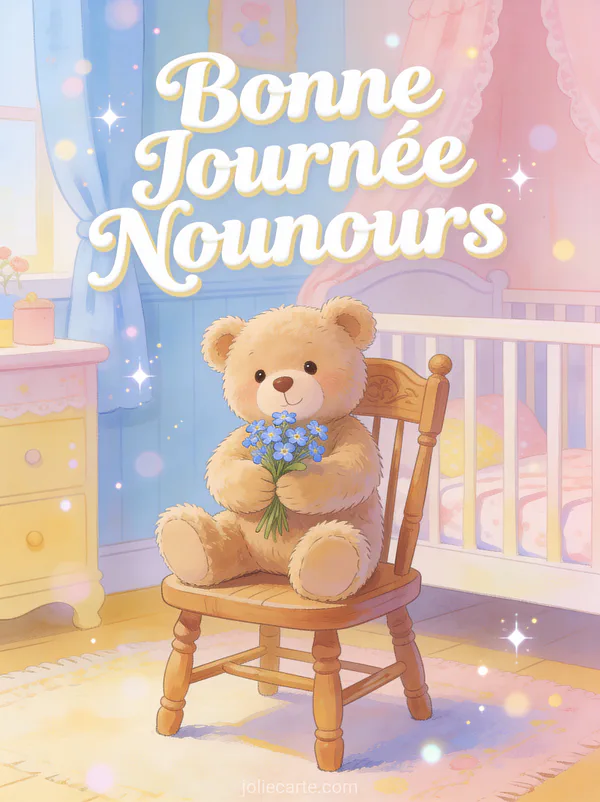 Ours en peluche tenant un bouquet de myosotis sur une chaise vintage ambiance pastel