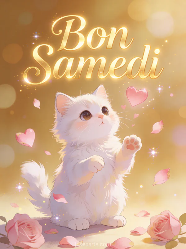 Adorable chaton blanc aux grands yeux entouré de cœurs roses et pétales avec le texte Bon Samedi