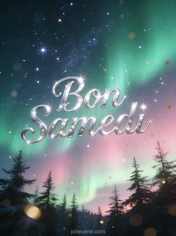 Ciel nocturne scintillant avec aurores boréales et silhouettes de sapins avec le texte Bon Samedi