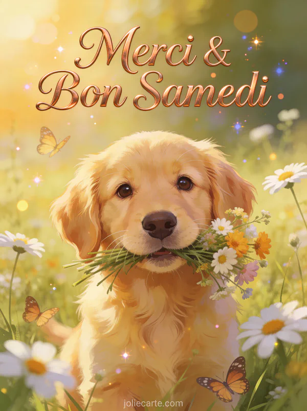 Chiot golden retriever tenant un bouquet de fleurs sauvages dans une prairie avec le texte Merci Bon Samedi