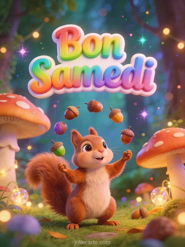Écureuil cartoon jonglant avec des glands dans une forêt enchantée avec le texte Bon Samedi