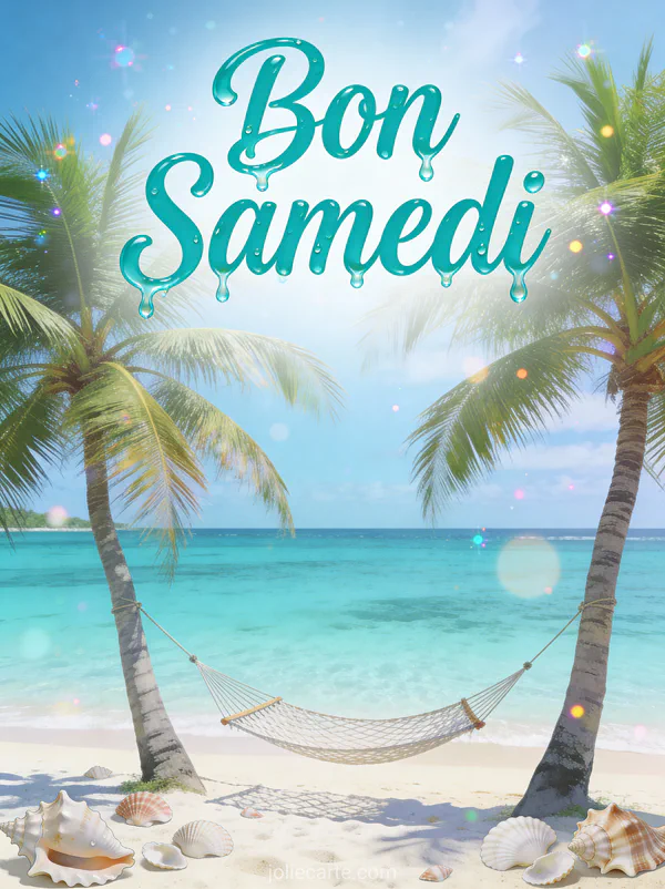Plage tropicale avec eau turquoise palmiers et coquillages avec le texte Bon Samedi