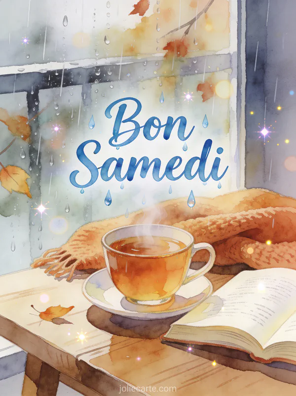 Tasse de thé fumante avec livre et plaid un jour de pluie avec le texte Bon Samedi