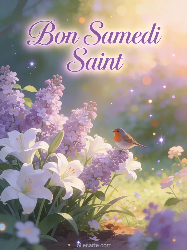 Jardin printanier avec lilas et lys blancs dans la lumière du matin avec le texte Bon Samedi Saint