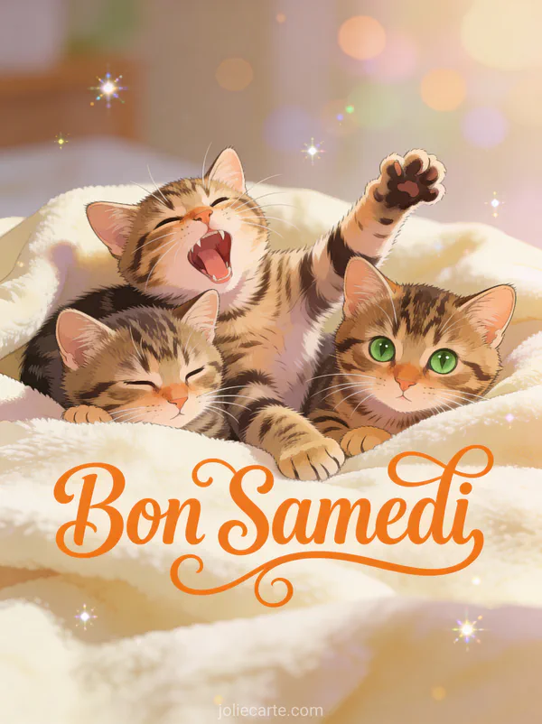 Trois chatons tigrés blottis sur une couverture crème avec le texte Bon Samedi