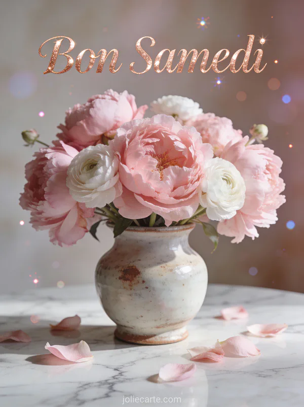 Bouquet de pivoines roses et renoncules blanches dans un vase vintage avec le texte Bon Samedi