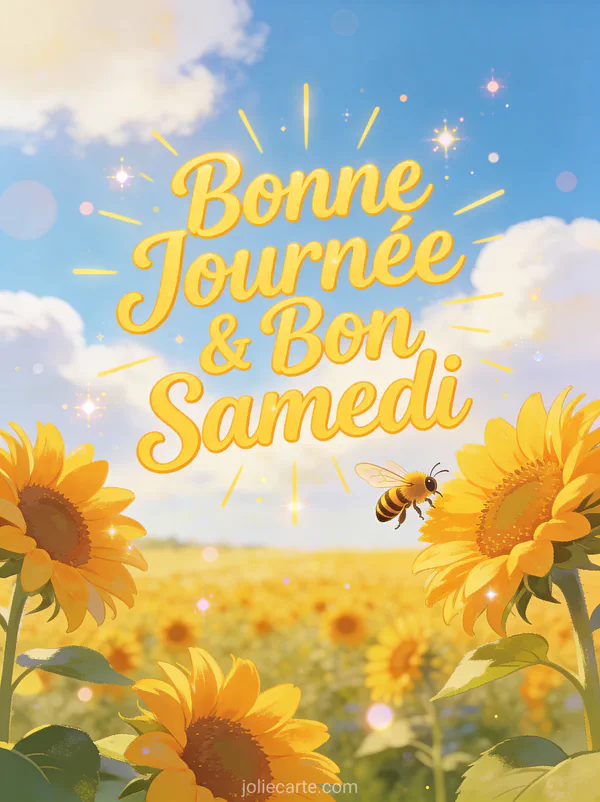 Champ de tournesols sous ciel bleu avec abeille et le texte Bonne Journée Bon Samedi