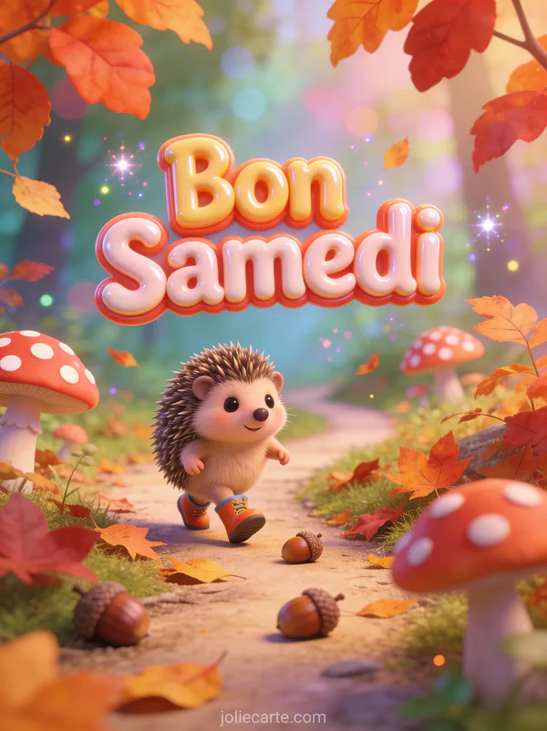 Hérisson cartoon avec petites bottes dans les feuilles d'automne avec le texte Bon Samedi