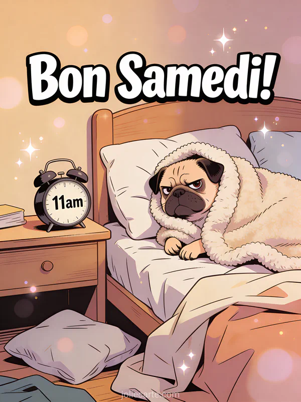Carlin enroulé dans une couverture refusant de se lever avec réveil à 11h et le texte Bon Samedi