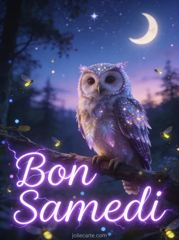 Hibou aux plumes scintillantes sur une branche sous ciel étoilé avec lucioles et le texte Bon Samedi