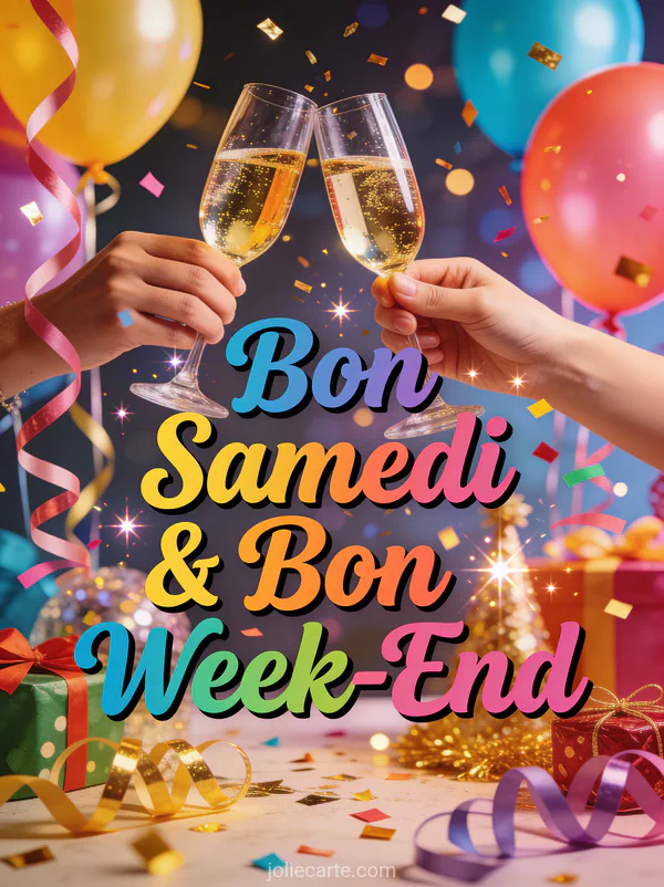 Scène festive avec ballons colorés confettis dorés et coupes de champagne avec le texte Bon Samedi Bon Week-End