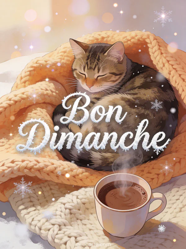 Chat tigré lové dans une couverture tricotée avec une tasse de chocolat chaud et le texte Bon Dimanche