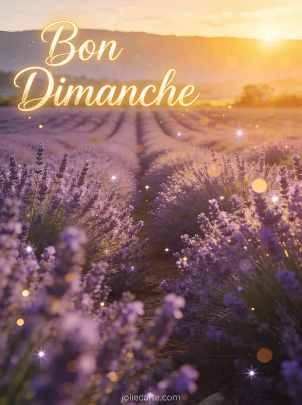 Lever de soleil sur un champ de lavande en Provence avec lumière dorée et le texte Bon Dimanche