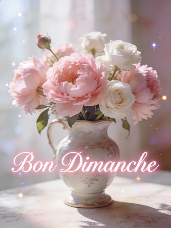 Bouquet de pivoines roses et roses blanches dans un vase vintage avec le texte Bon Dimanche