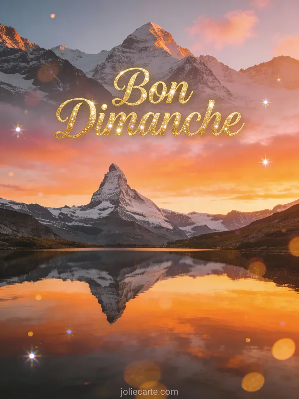 Lever de soleil sur un lac de montagne avec reflets et sommets enneigés avec le texte Bon Dimanche