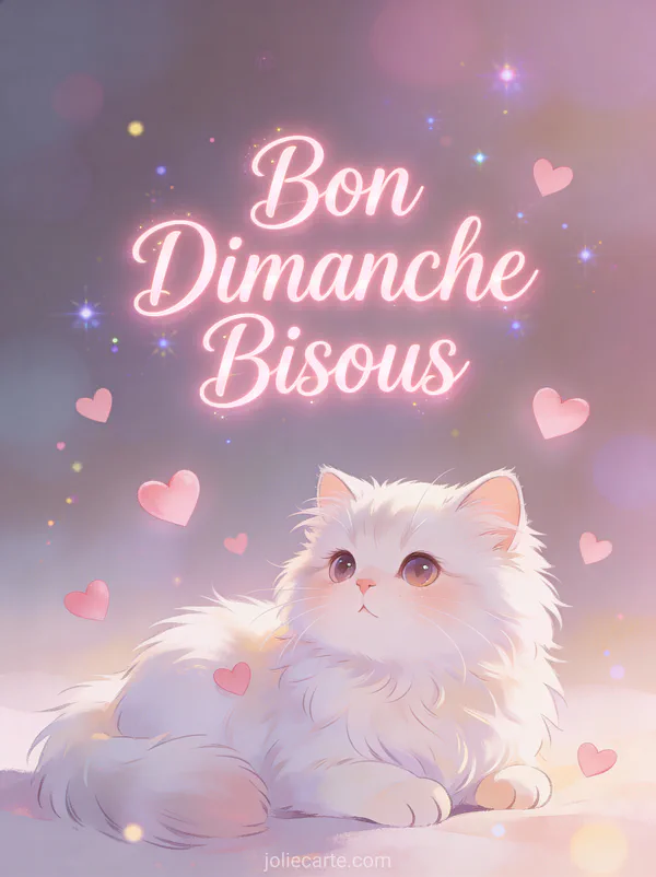 Chat persan blanc au regard tendre entouré de cœurs roses avec le texte Bon Dimanche Bisous