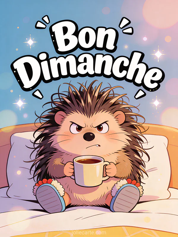 Hérisson grognon cartoon en pantoufles tenant une tasse de café avec le texte Bon Dimanche