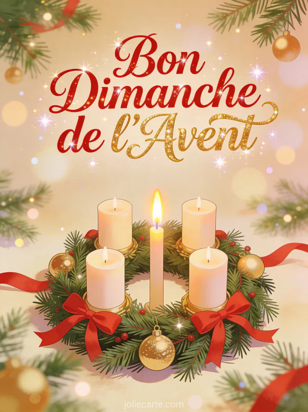 Couronne de l'Avent avec bougies branches de sapin et rubans rouges avec le texte Bon Dimanche de l'Avent