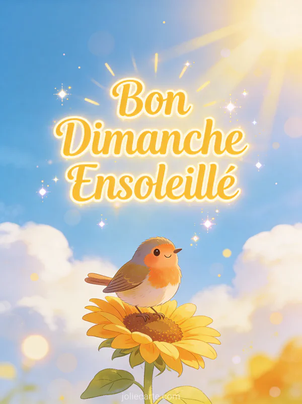 Rouge-gorge posé sur un tournesol sous un ciel bleu ensoleillé avec le texte Bon Dimanche Ensoleillé