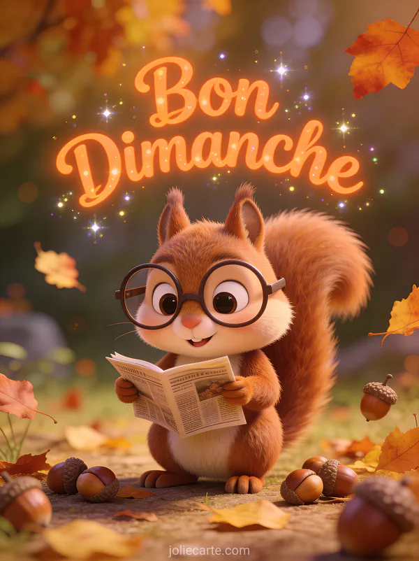 Écureuil cartoon avec lunettes lisant un mini journal entouré de glands avec le texte Bon Dimanche