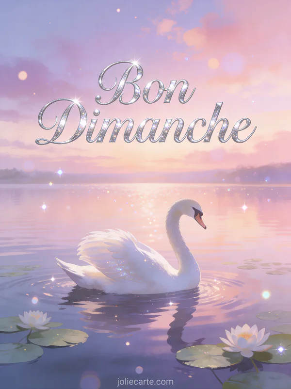 Cygne blanc glissant sur un lac calme à l'aube avec ciel rose et nénuphars avec le texte Bon Dimanche