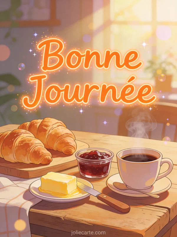 Petit-déjeuner avec croissants dorés beurre confiture et café fumant sur table rustique avec le texte Bonne Journée