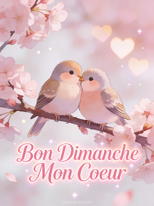Deux inséparables blottis sur une branche de cerisier en fleurs avec cœurs en bokeh et le texte Bon Dimanche Mon Cœur