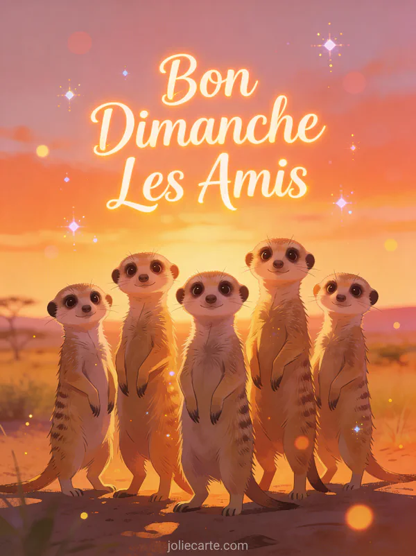 Groupe de suricates debout ensemble regardant vers l'avant au coucher du soleil avec le texte Bon Dimanche Les Amis