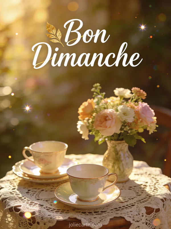 Service à thé vintage en porcelaine sur nappe en dentelle avec petit bouquet de fleurs et le texte Bon Dimanche