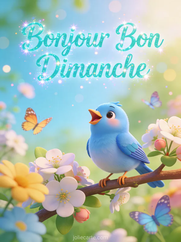 Oiseau bleu cartoon chantant sur une branche fleurie avec papillons et le texte Bonjour Bon Dimanche