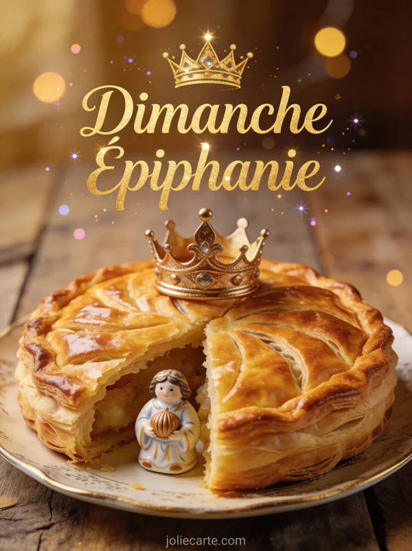 Galette des rois dorée avec couronne posée dessus dans un décor de boulangerie avec le texte Dimanche Épiphanie