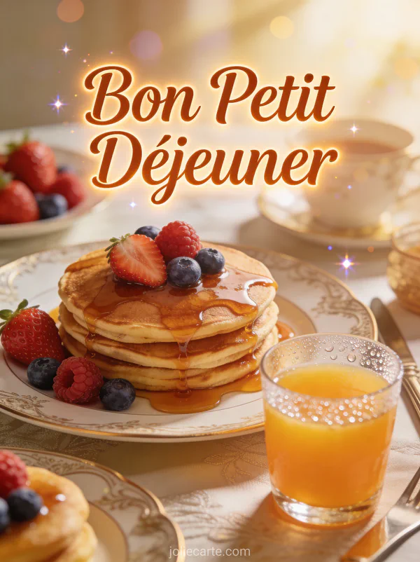 Pile de pancakes avec sirop d'érable fruits rouges et jus d'orange dans lumière matinale avec le texte Bon Petit Déjeuner